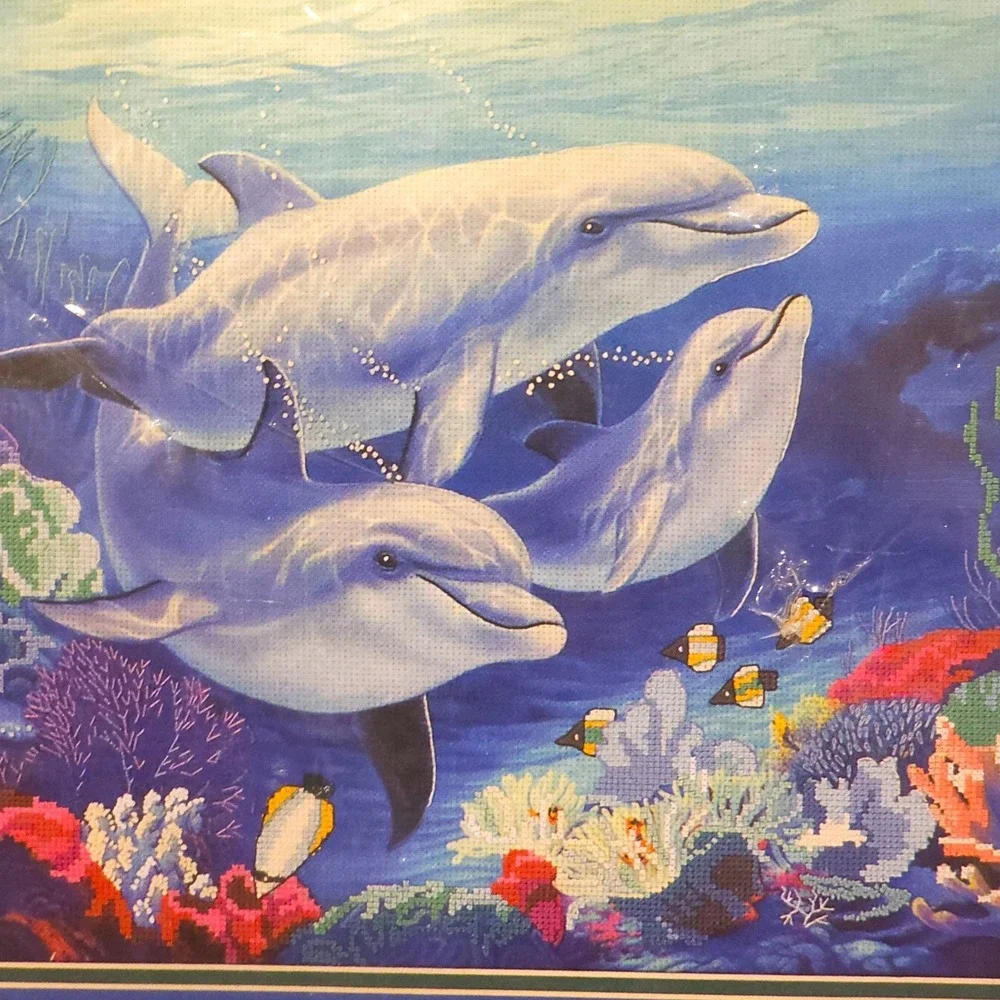 1996 Sunset No Count Cross Stitch Kit Underwater Tranquillity Dolphins